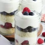 Summer holiday dessert with pound cake, whipped cream and berries.