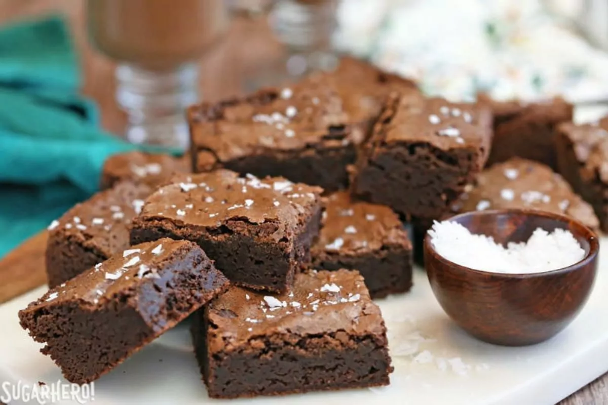 Fudgy brownies with coarse salt over the top.