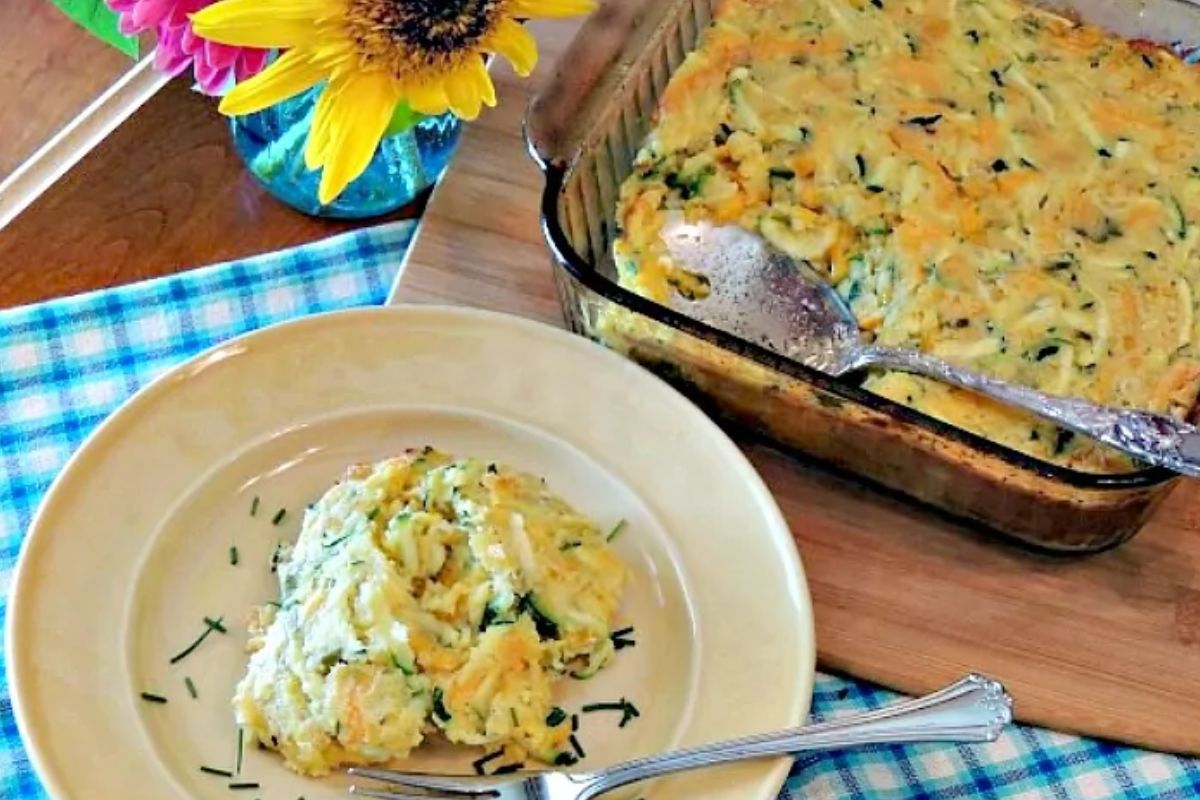 Zucchini Corn Casserole on plate and in casserole dish.