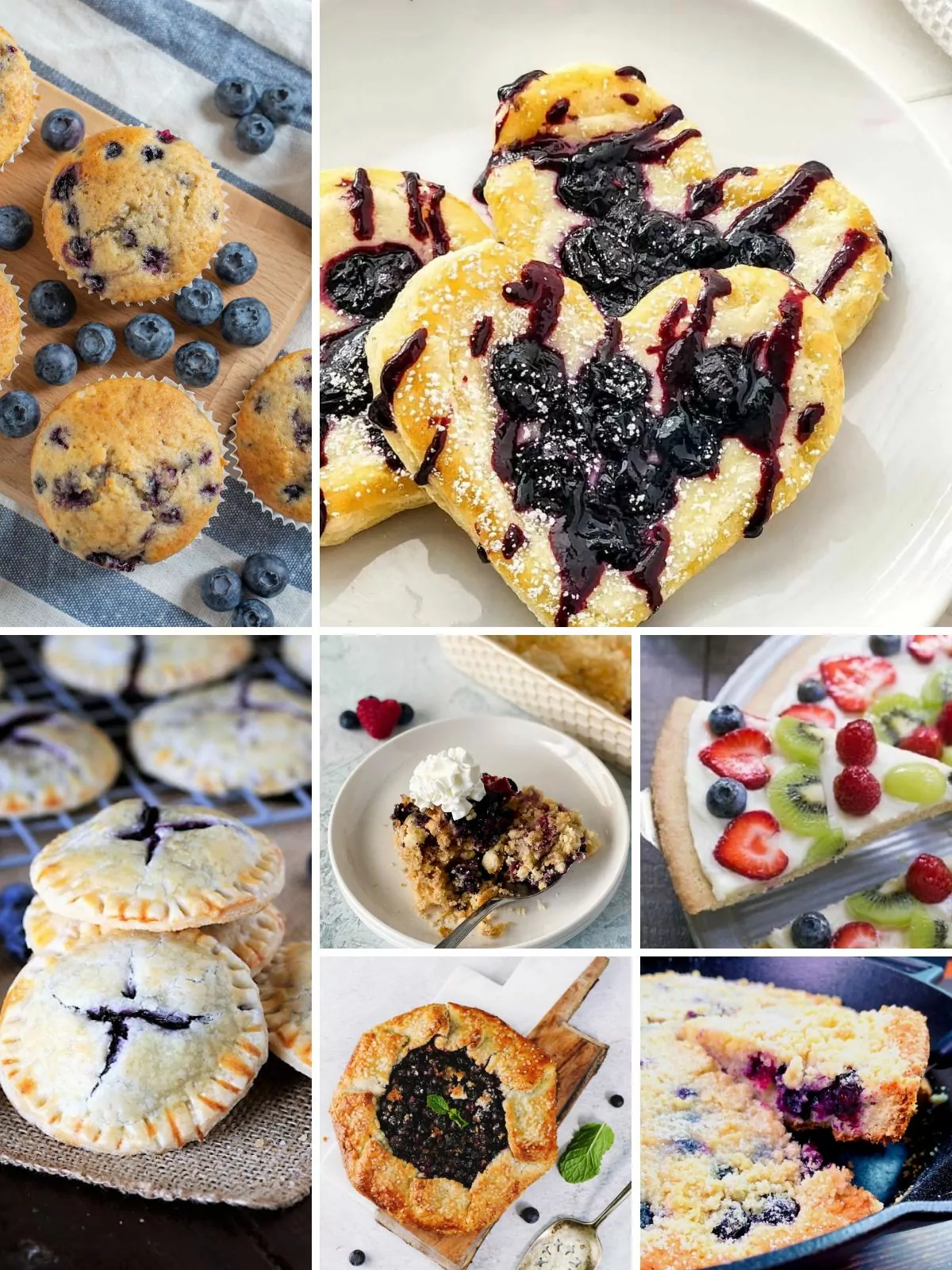 A colorful assortment of blueberry desserts, including a blueberry pie, muffins, crumb cake, galette and fruit pizza.