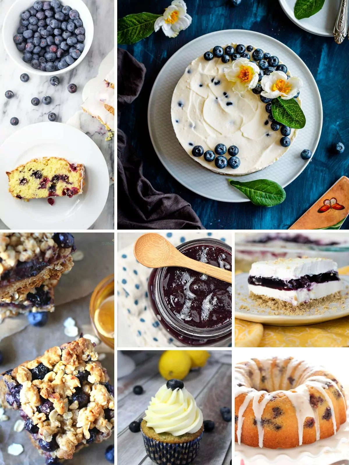 A collection of decadent blueberry desserts: cakes, cupcakes, bundt cake, crumble bars and sauce.