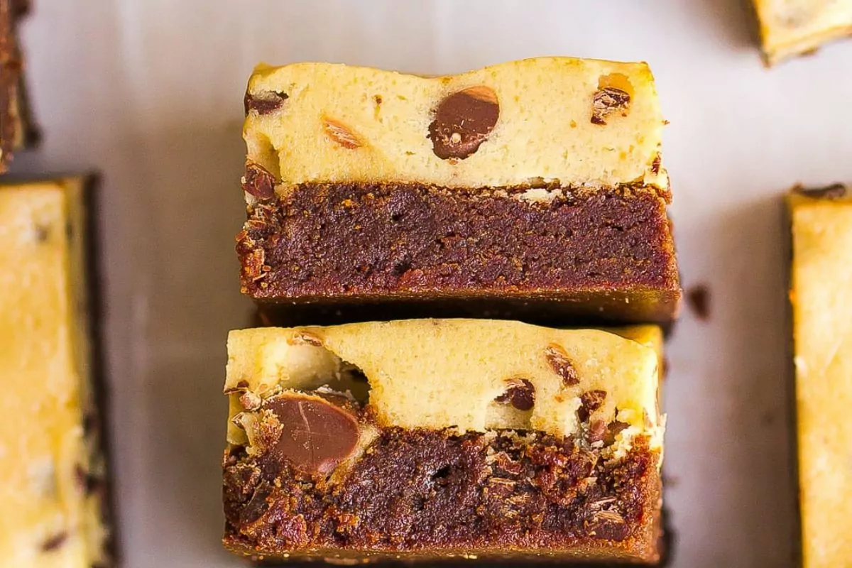 a stack of cookie dough brownies.