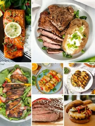 A collage of 7 different types of main dish grilled recipes.