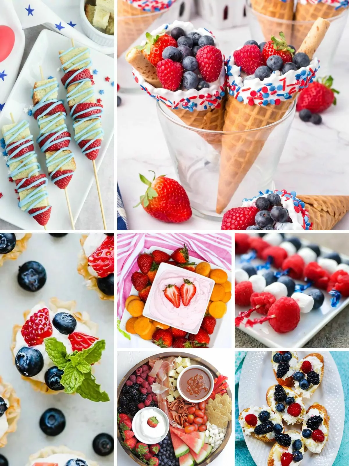 A collage of festive fruit appetizer recipes for the 4th of July, showcasing skewers with red, white, and blue fruits, star-shaped watermelon bites, and a flag-inspired blueberry arrangement.