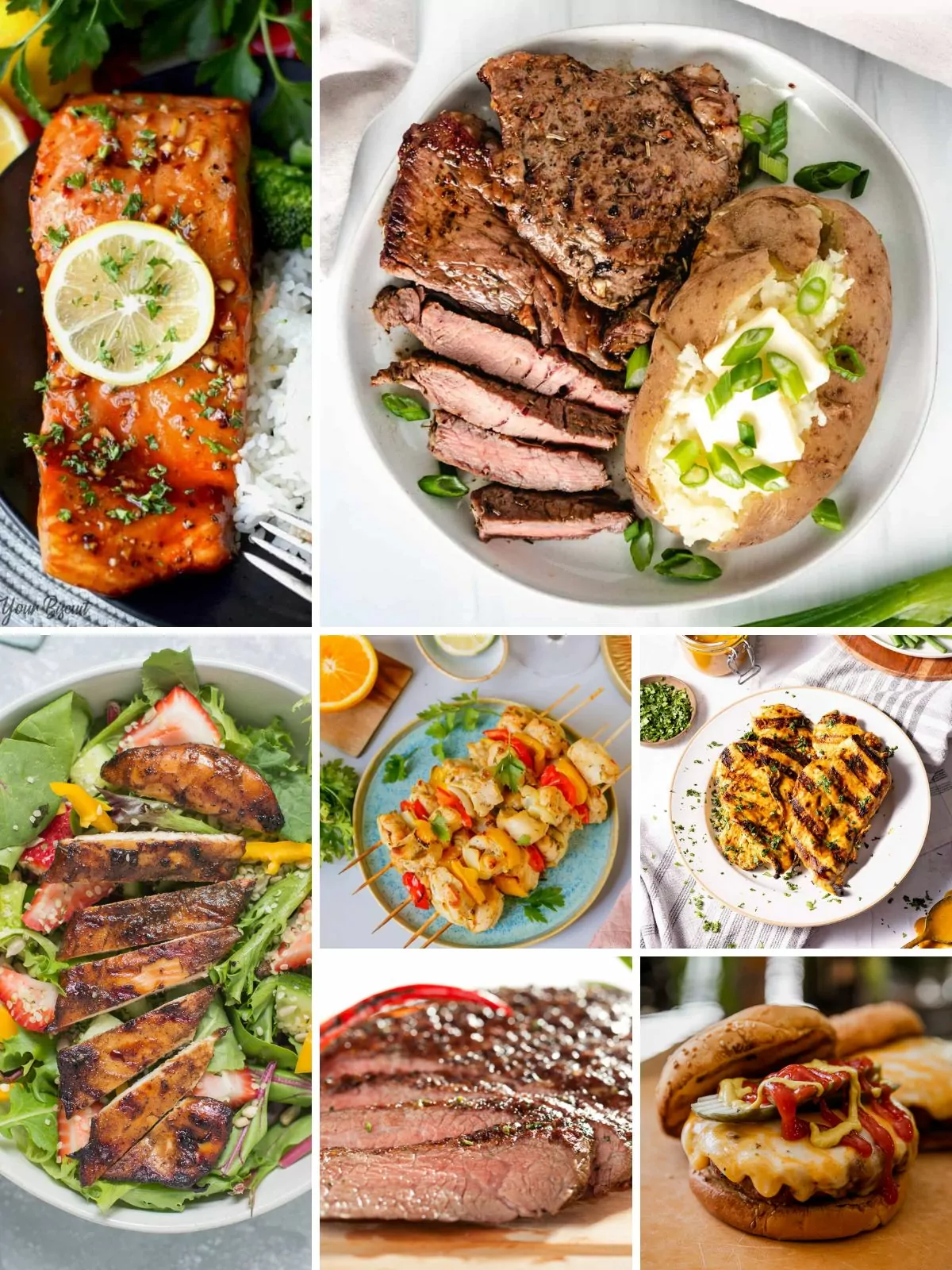 A collage of 7 different types of main dish grilled recipes.