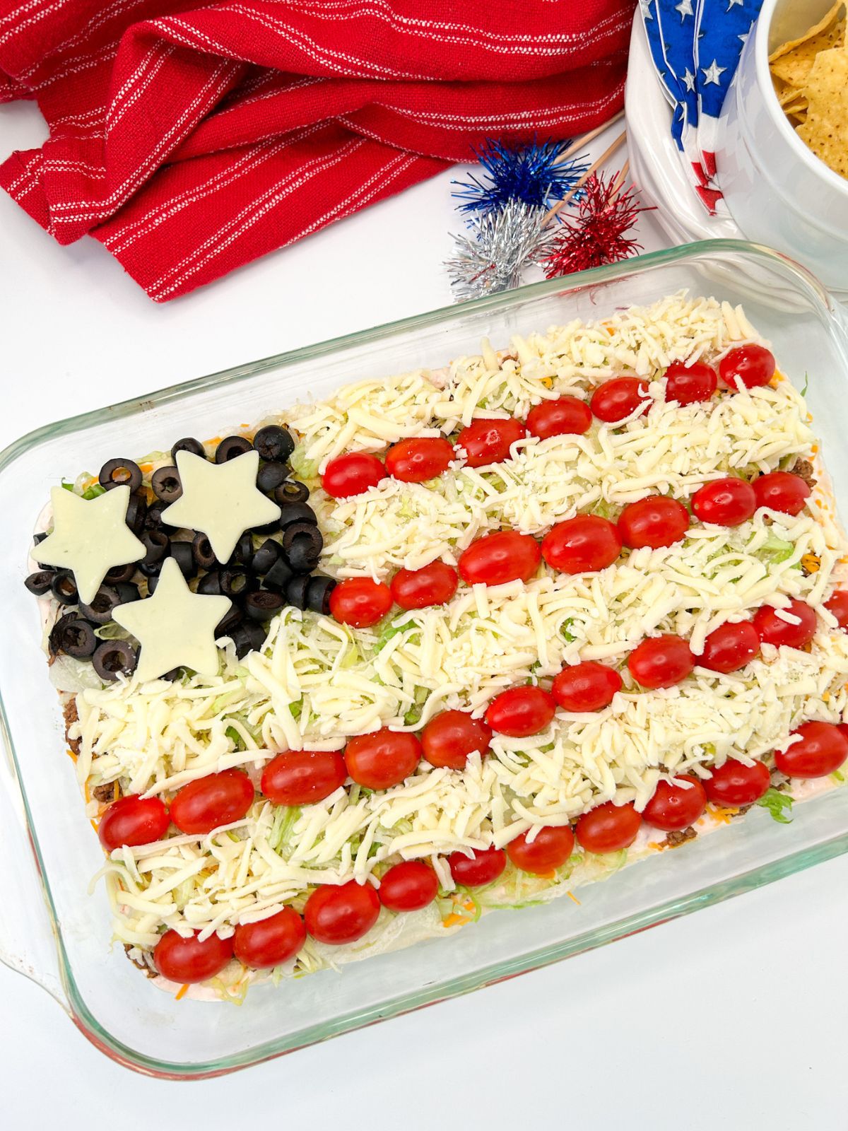 American flag taco salad in casserole dish.