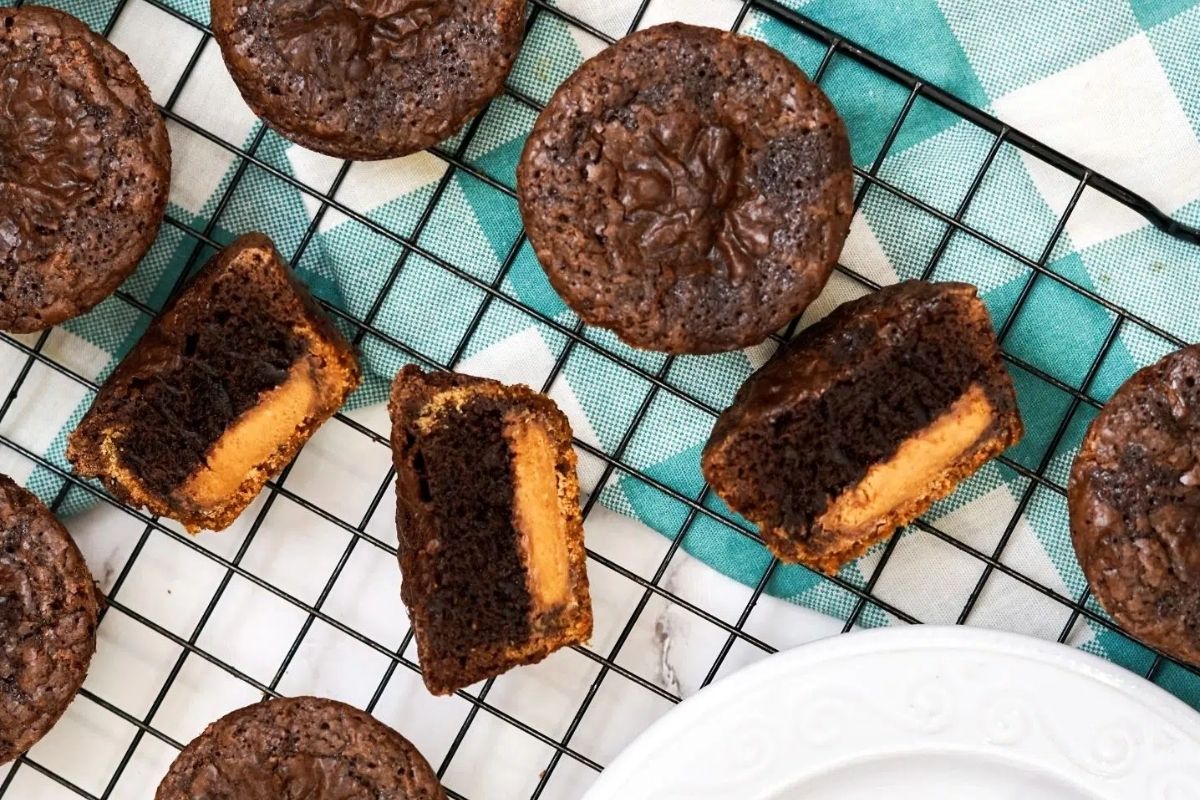 boxed brownie mix with peanut butter cups baked in the center.