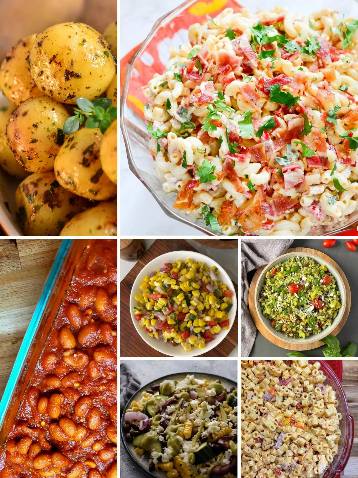 A collage of 7 side dishes to serve for a backyard barbecue.