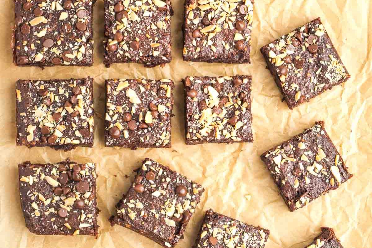 a batch of brownies made with sweet potatoes instead of flour, cut into squares. a batch of brownies made with sweet potatoes instead of flour, cut into squares.