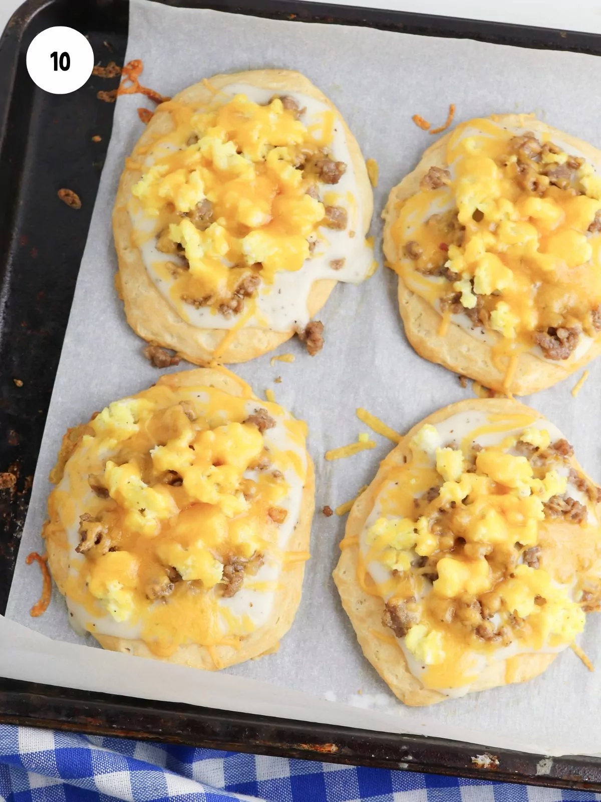 melted cheese on the breakfast pizzas