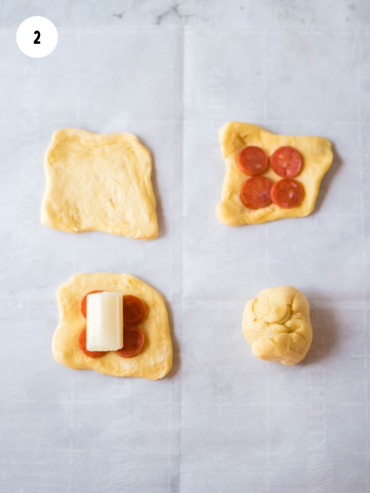 fill each biscuit quarter with pepperoni and string cheese