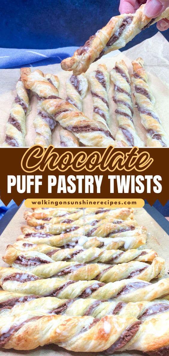 Two photos of puff pastry twists with chocolate cream filling.