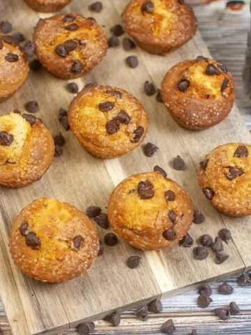 FEATURED Air Fryer Chocolate Chip Muffins on a wood platter