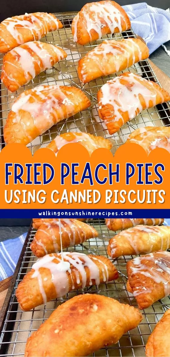 two different photos of fried peach pies made with refrigerated biscuits.
