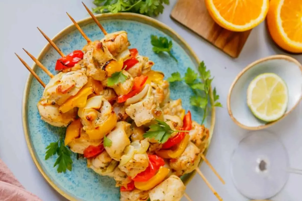 grilled chicken and veggie kabobs on bamboo skewers.