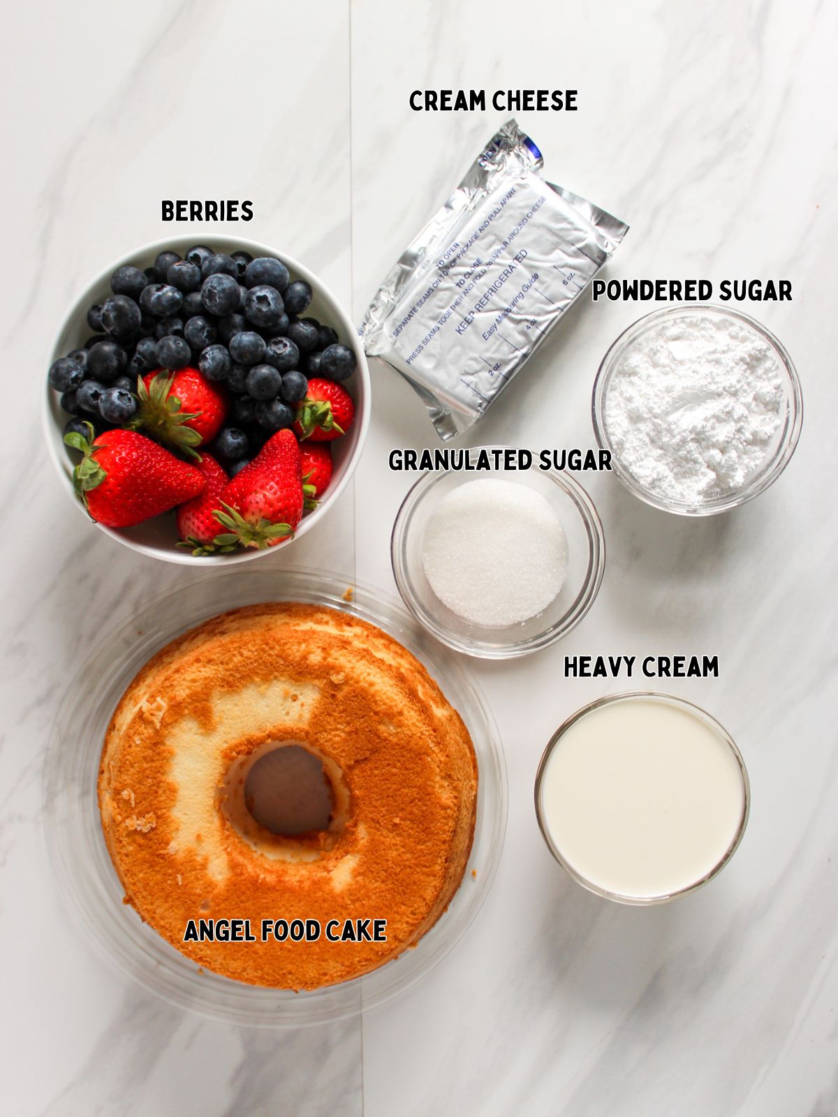 ingredients for fruit and angel food cake parfait.