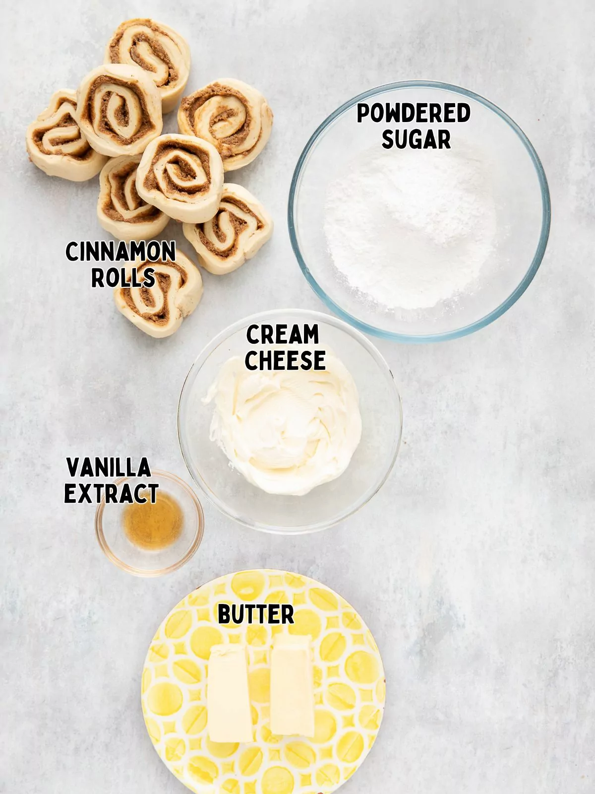 Ingredients for Air Fryer Cinnamon Rolls and cream cheese frosting