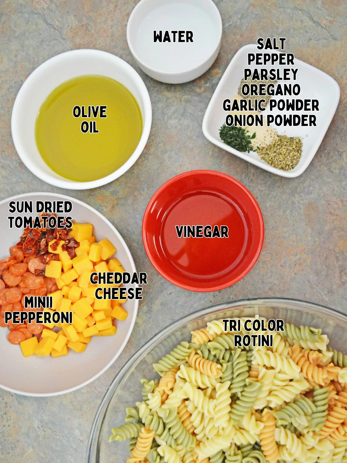 Ingredients for Sunshine Pasta Salad