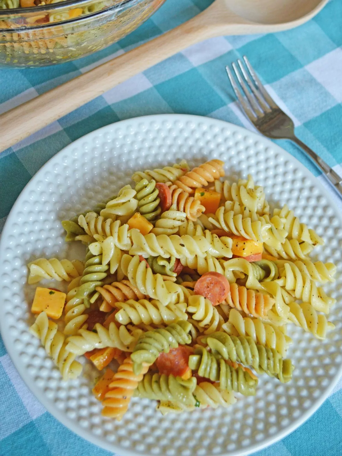 Sunshine Pasta Salad served on a white plate