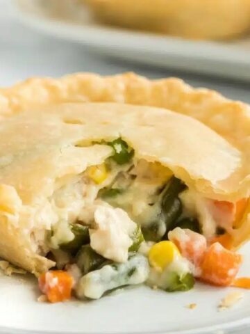 baked chicken pot pie open with filling on plate.