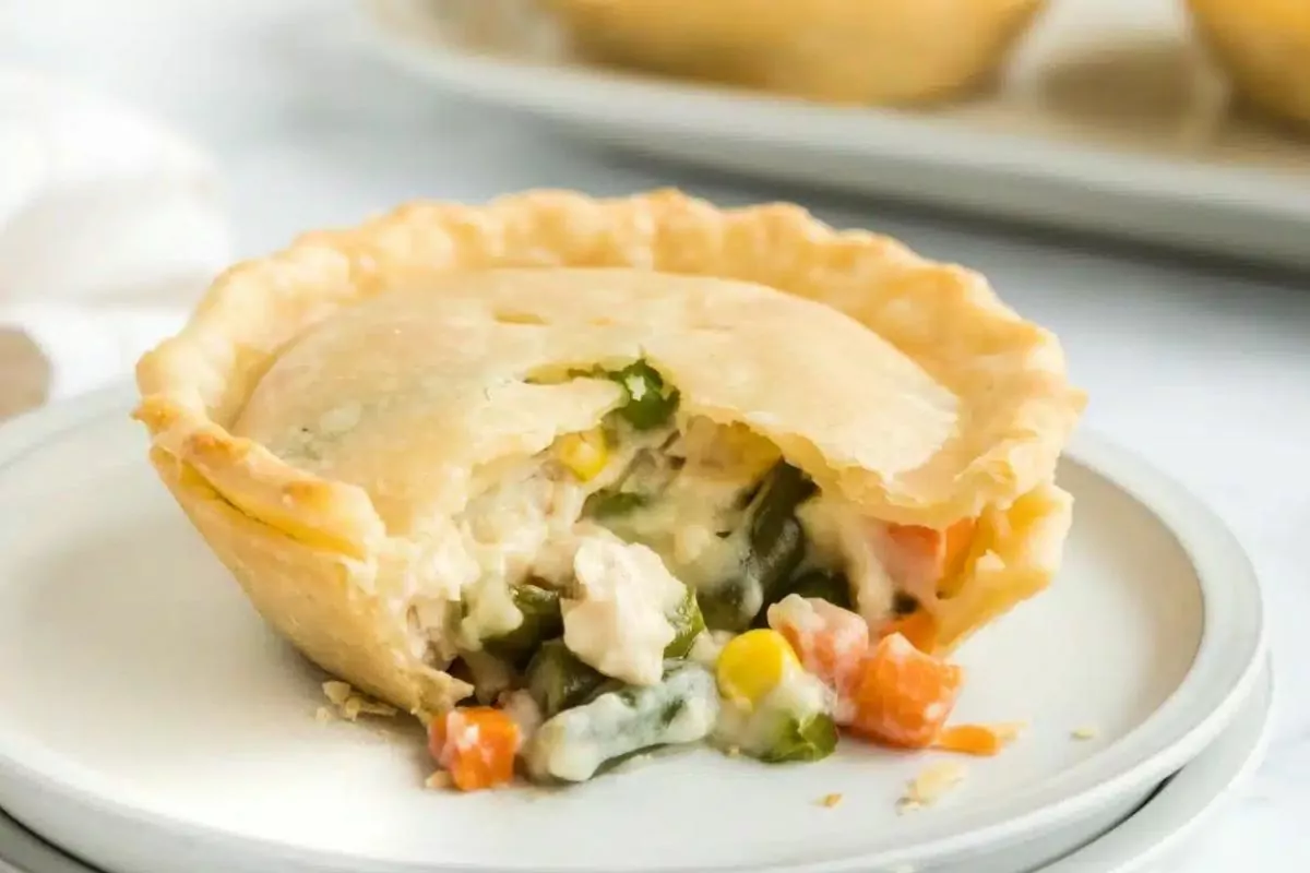 baked chicken pot pie open with filling on plate.