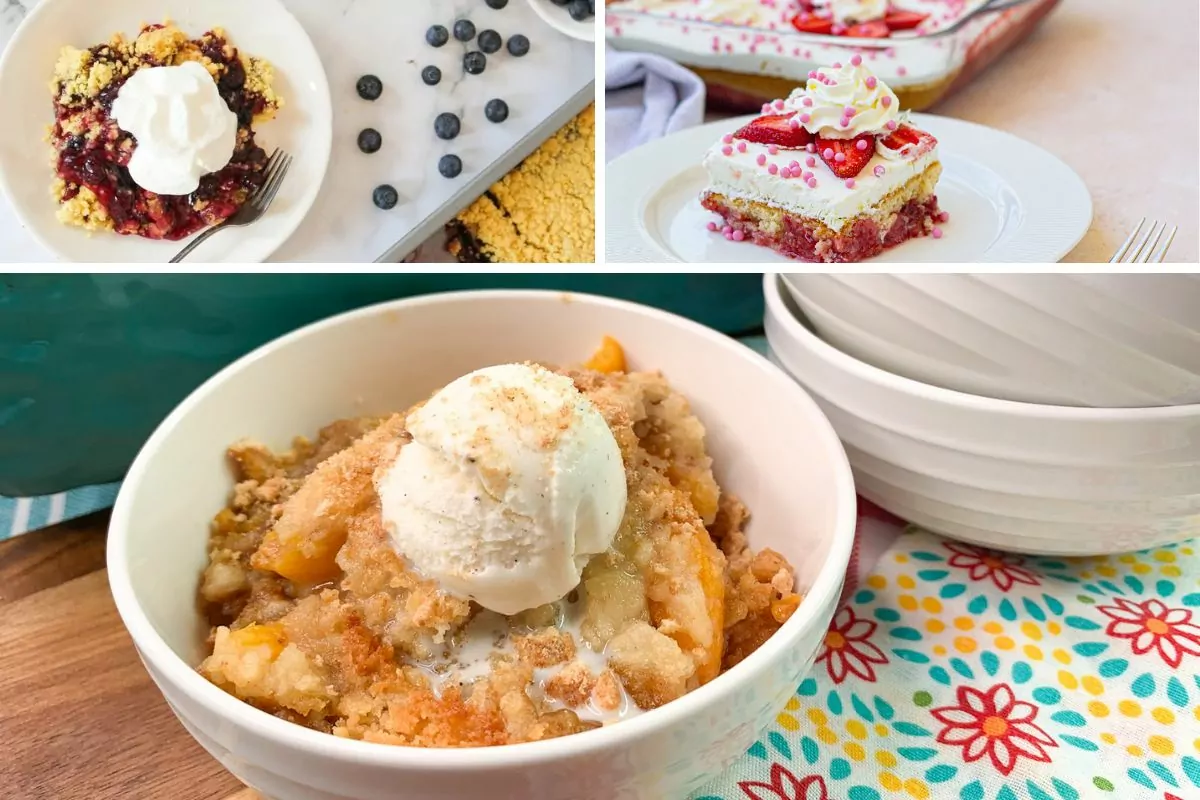 3 different dessert recipes featuring fruit and cake mix.