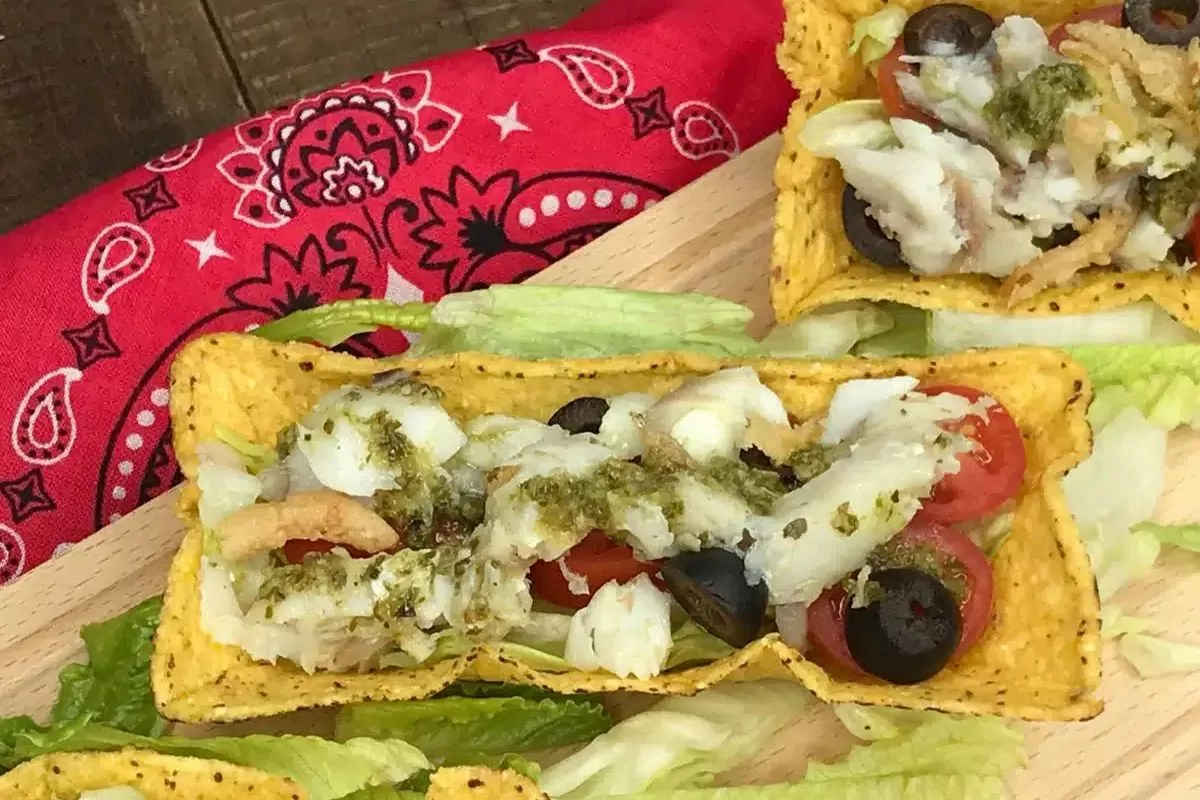 pollack tacos in taco shell boats.