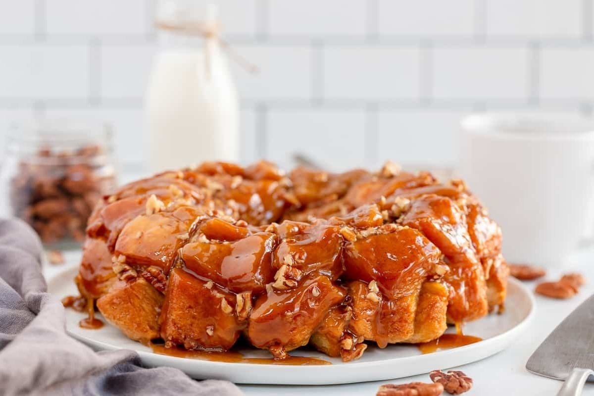 a monkey bread with maple butter glaze and pecans.