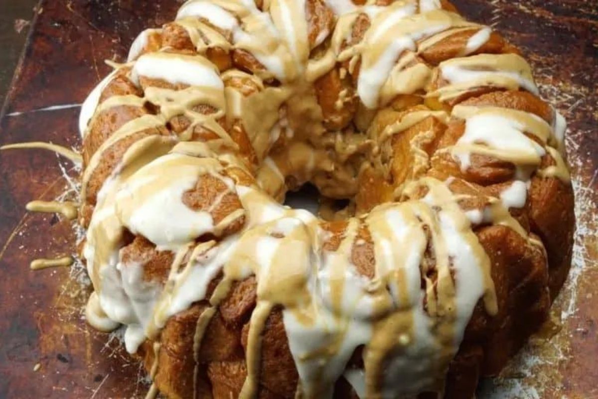 a bundt pan monkey bread with peanut butter and marshmallow topping.