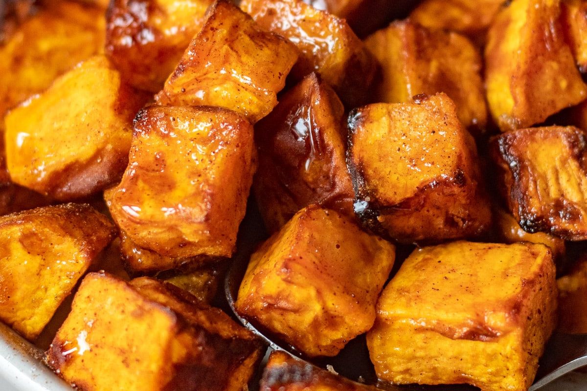a plate of spiced sweet potato chunks.