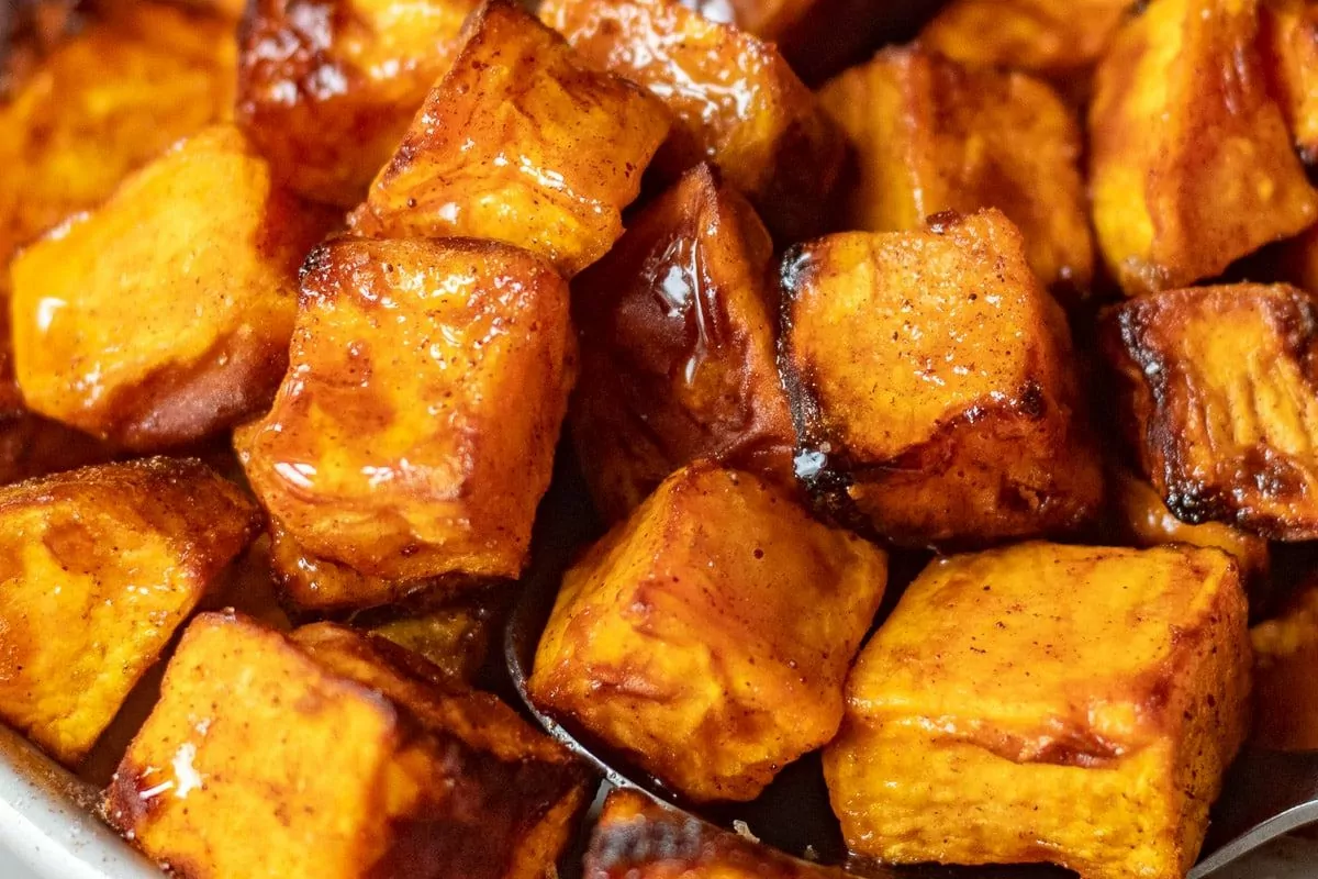 a plate of spiced sweet potato chunks.