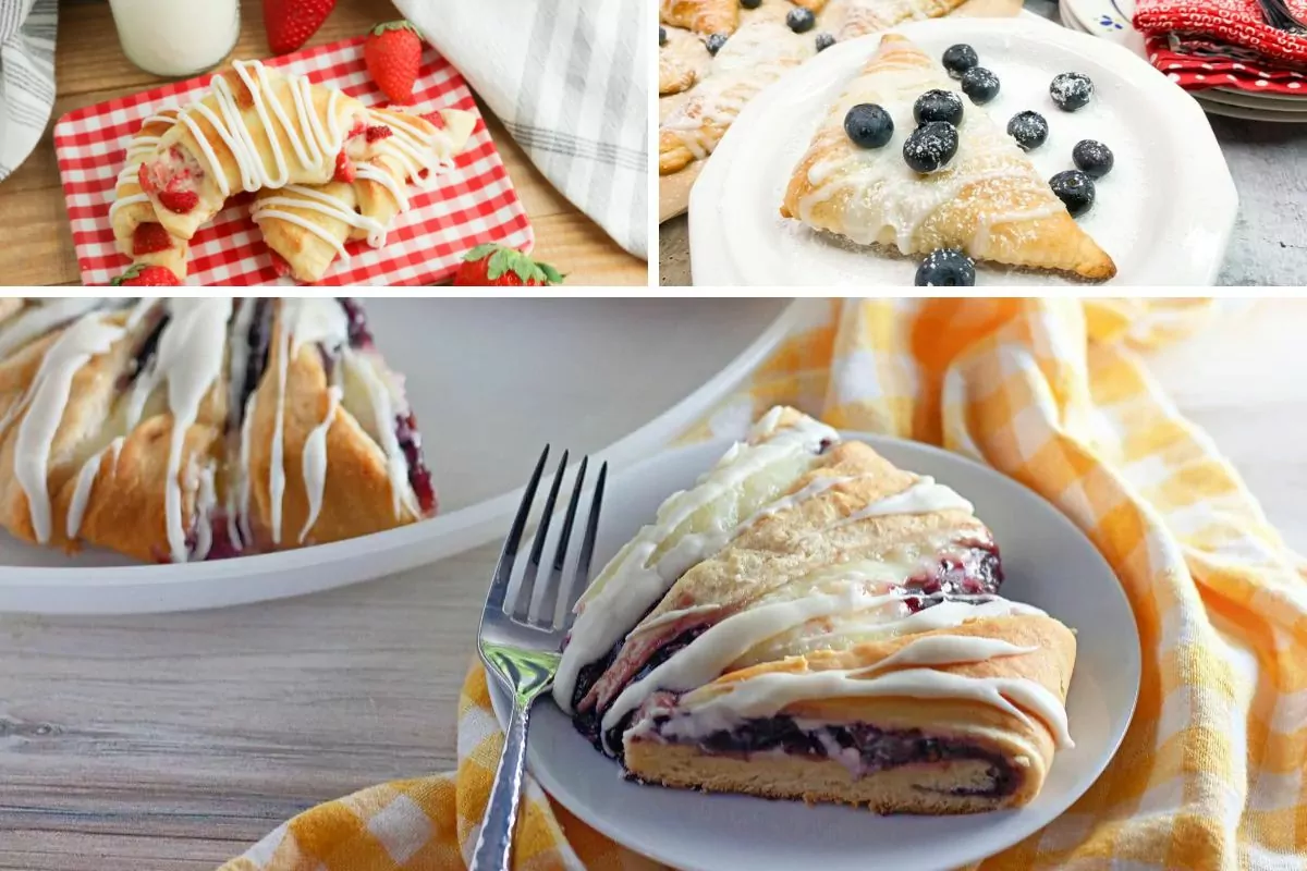 3 different desserts made with fruit and crescent rolls.