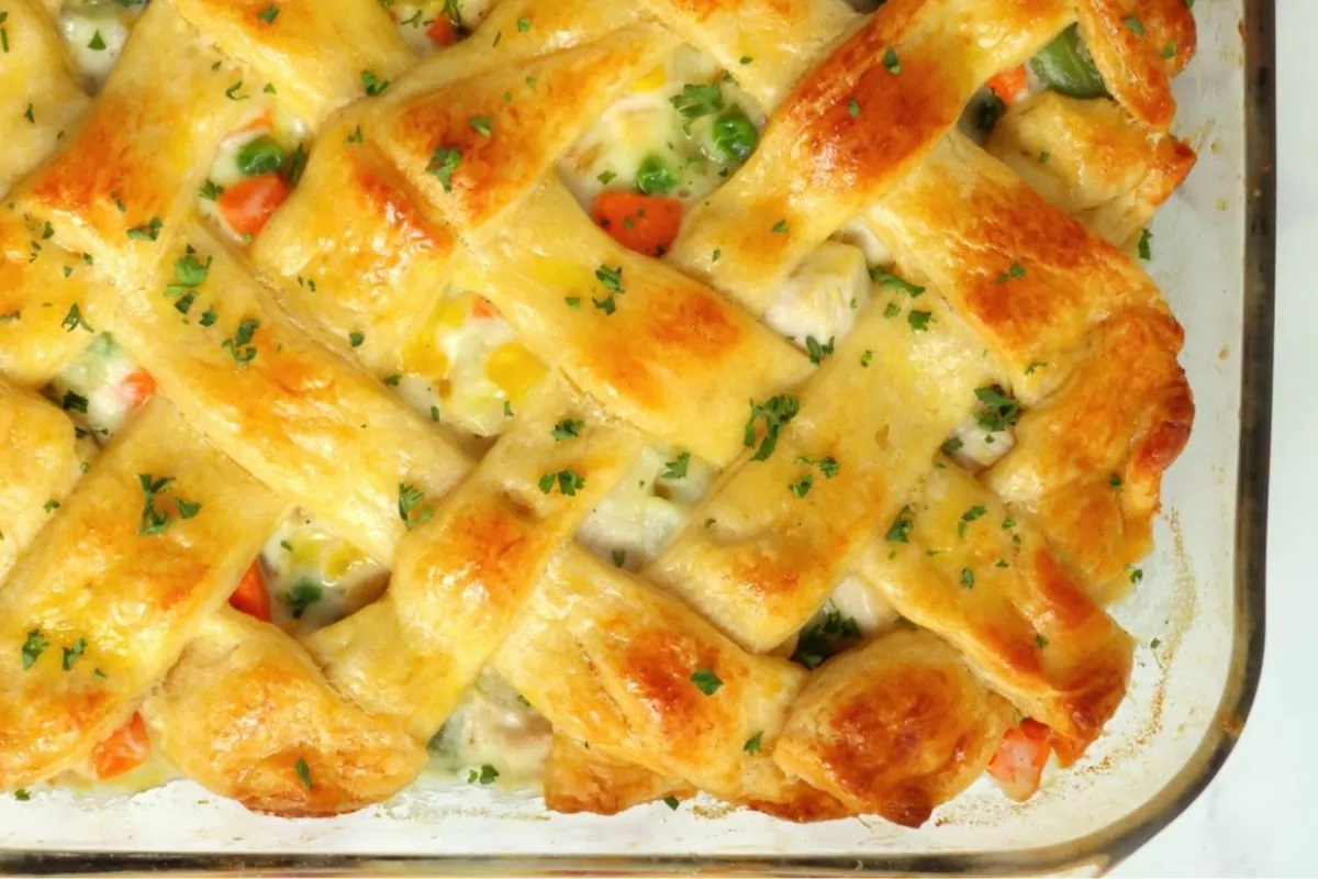 a plate of turkey casserole with veggies and a creamy filling.