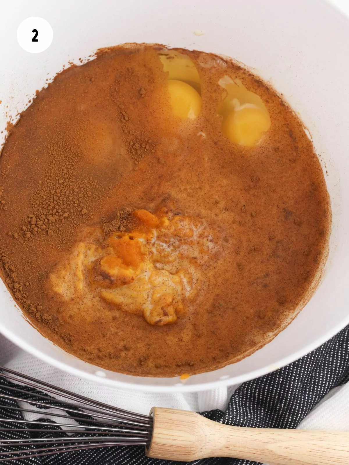 mixing bowl filled with pumpkin puree, evaporated milk, brown sugar, eggs, and pumpkin spice