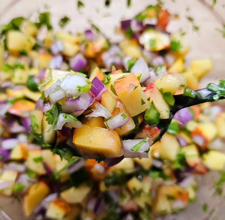 A spoon of peach salsa lifting from the dish.