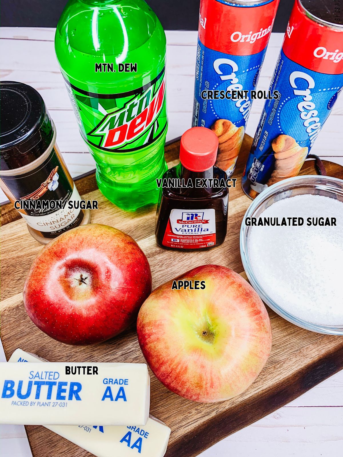 Apple Dumplings Ingredients on cutting board.