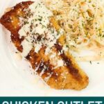 Chicken cutlet with pasta and Alfredo sauce with text overlay.