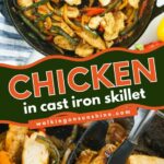 Colorful chicken and vegetable fajitas cooking in a cast iron skillet, ready to be served in warm flour tortillas.