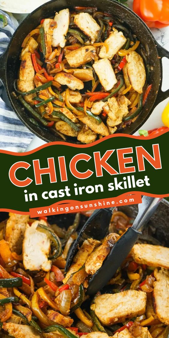 Colorful chicken and vegetable fajitas cooking in a cast iron skillet, ready to be served in warm flour tortillas.