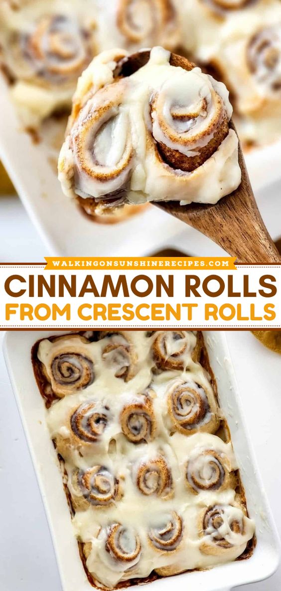 2 photos of baked cinnamon rolls made using crescent roll refrigerated dough.