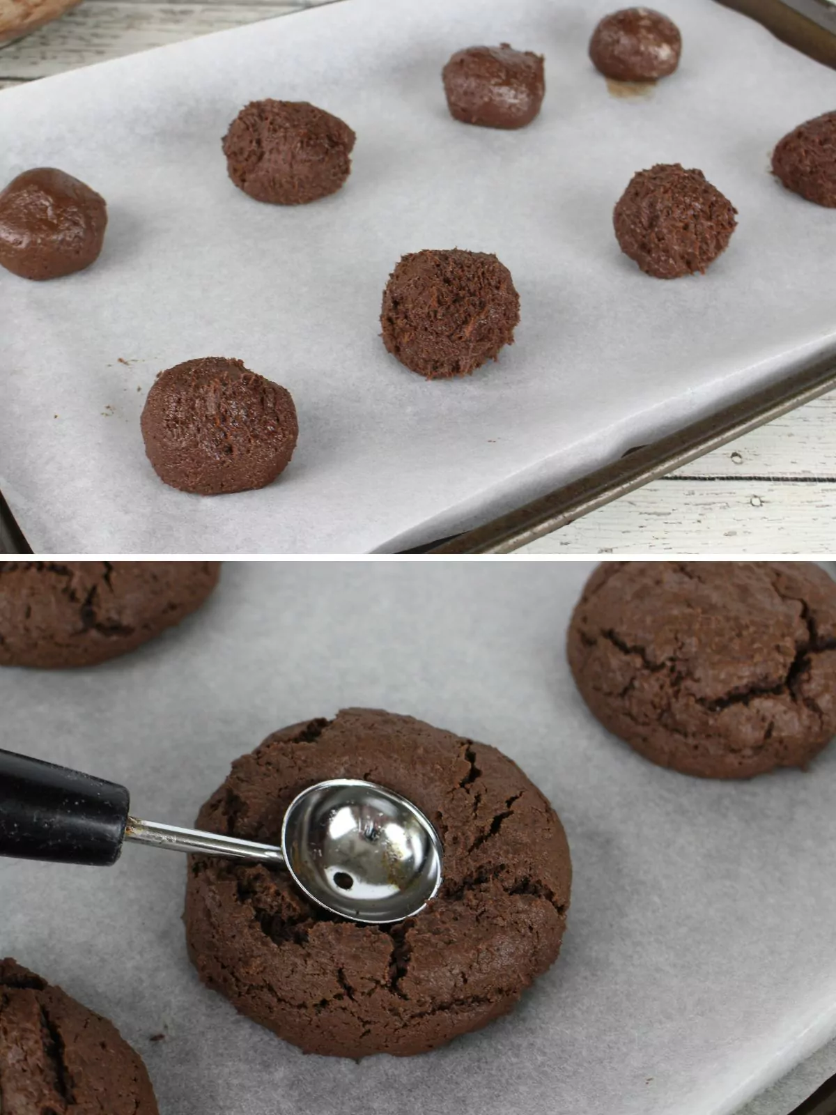 chocolate cookies before and after baking.