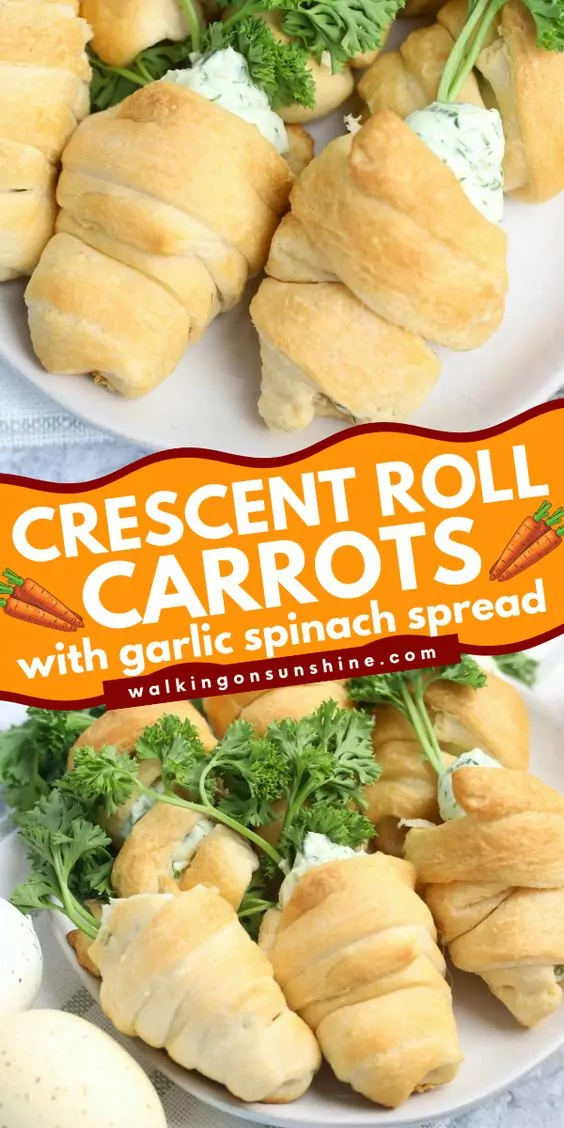 2 photo collage of crescent rolls shaped like carrots and stuffed with a garlic dip.