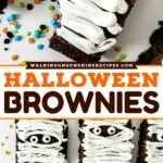 2 different photos of brownies decorated like mummies.