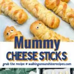 3 photo collage of cheese sticks decorated for Halloween.