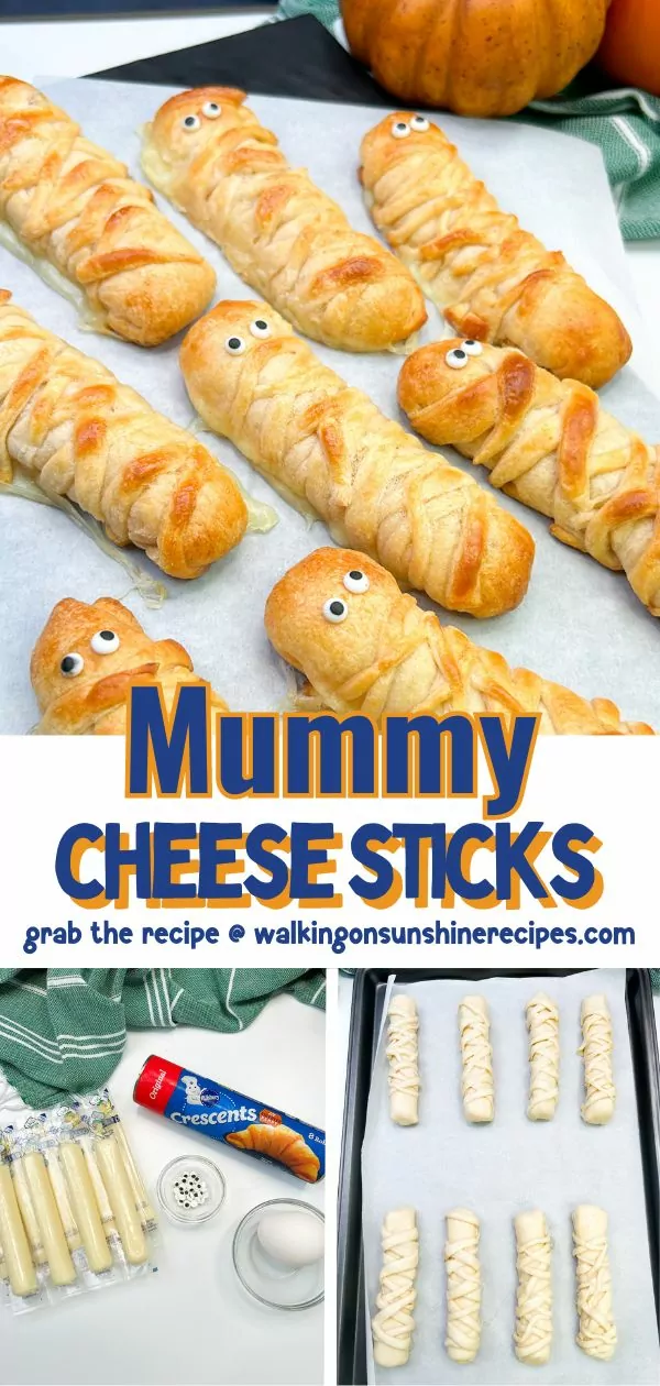 3 photo collage of cheese sticks decorated for Halloween.