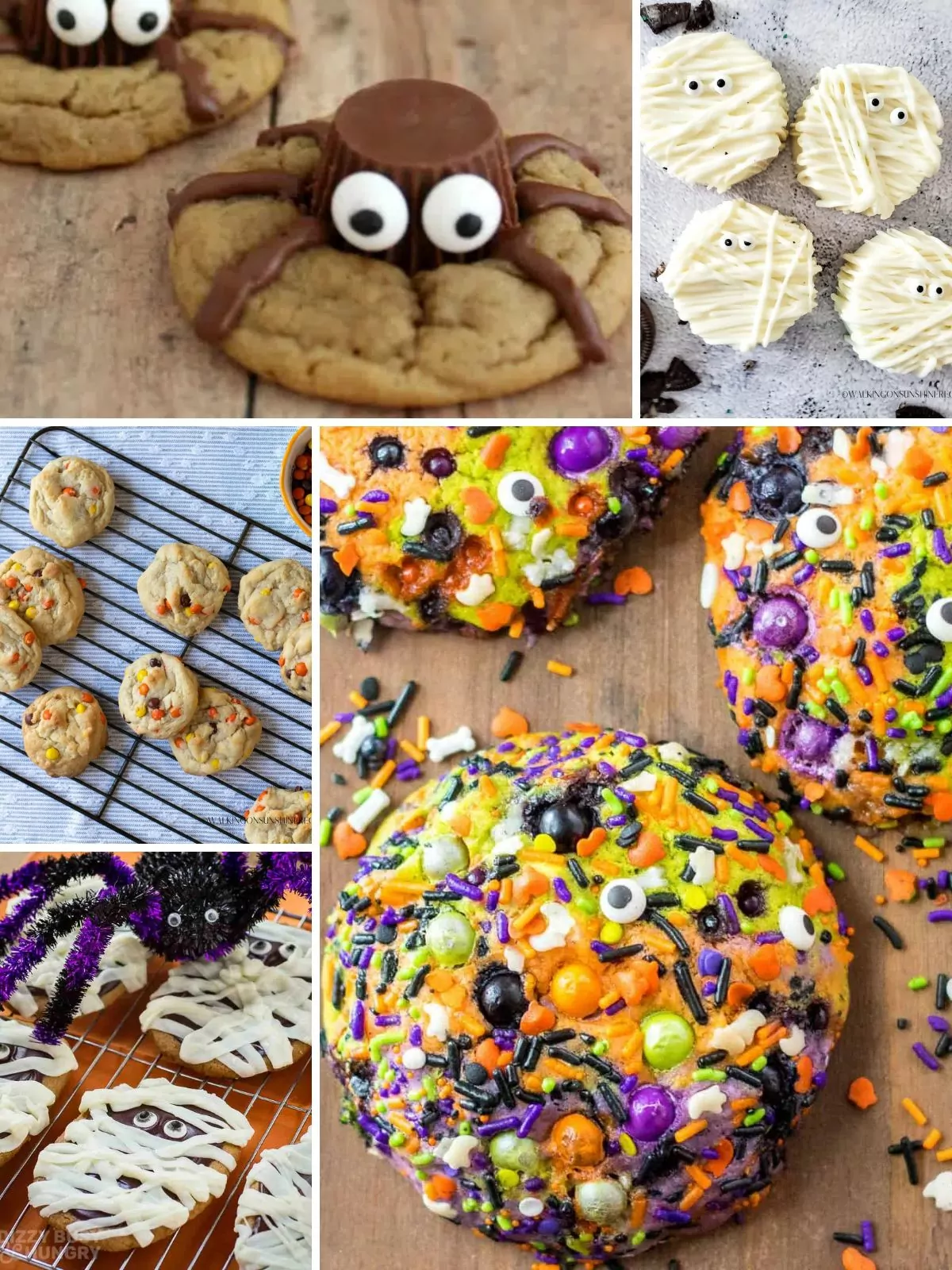 a collection of cookies decorated for Halloween.