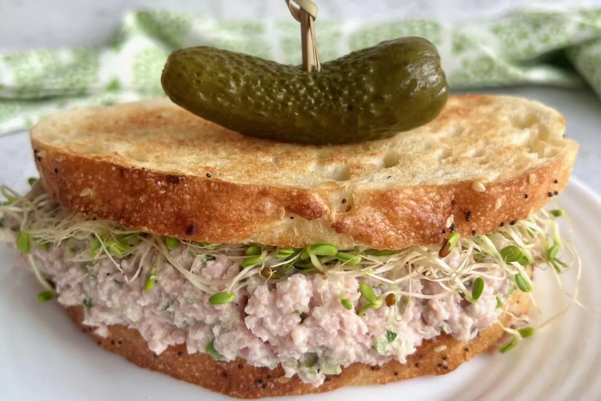 a sandwich with pickles on top