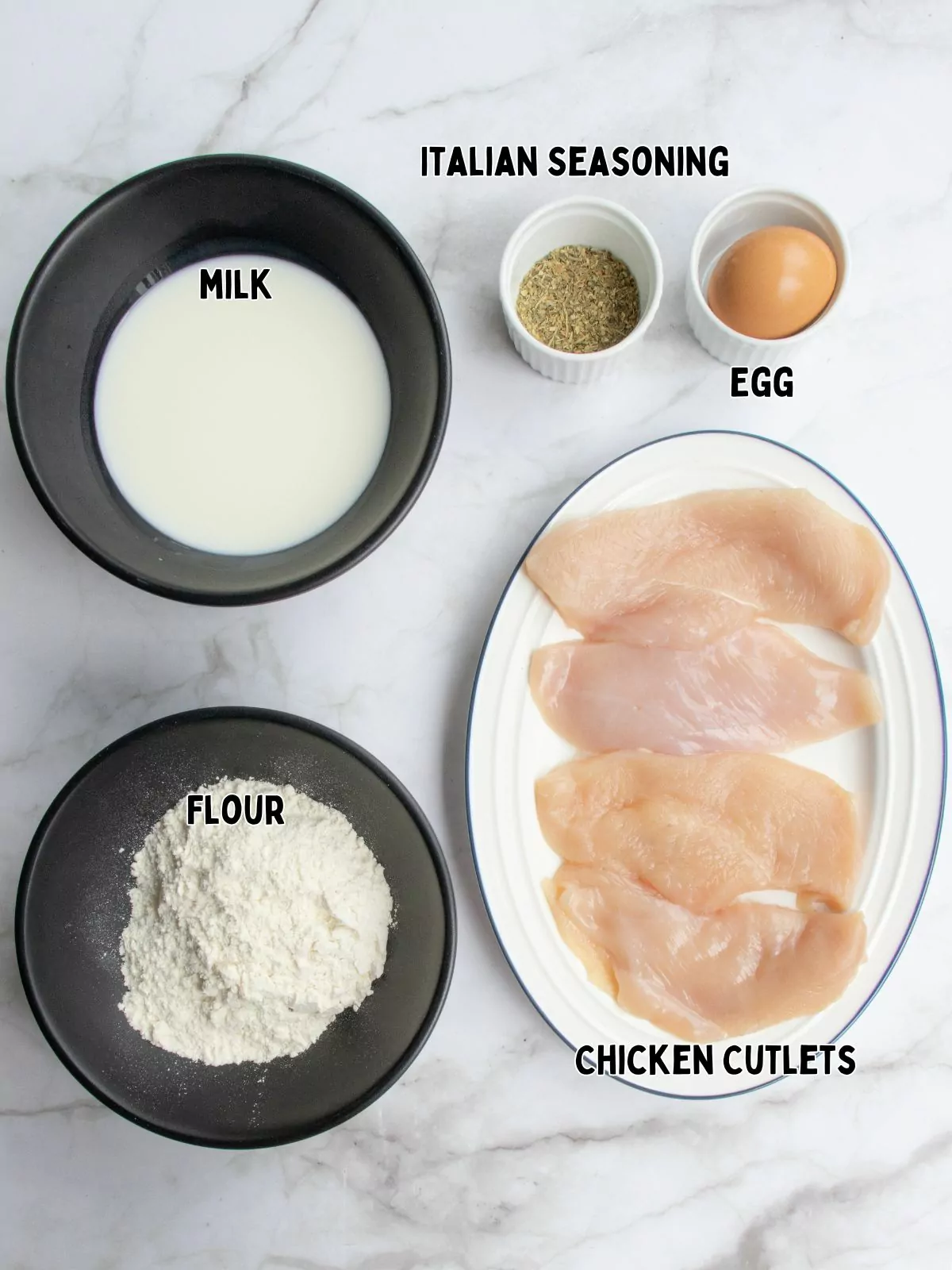 Ingredients, flour, chicken, seasoning, milk and egg.