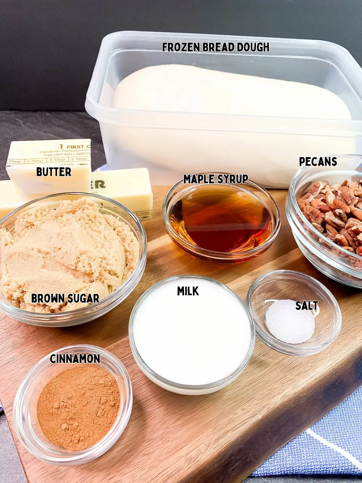 ingredients for mini pecan cinnamon rolls made with frozen bread dough.