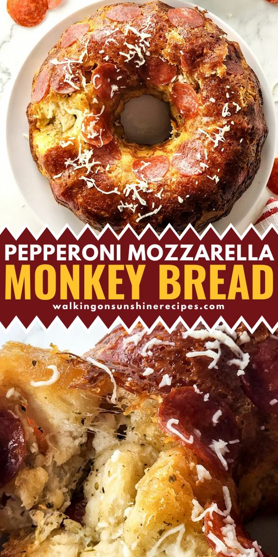 2 different photos of savory monkey bread with pepperoni and cheese.